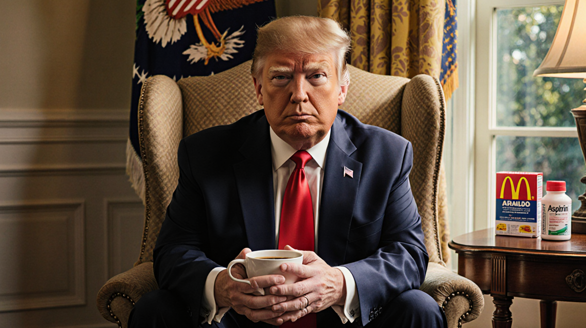 President Trump sitting in plush armchair holding coffee with warm light and fast food packaging in background
