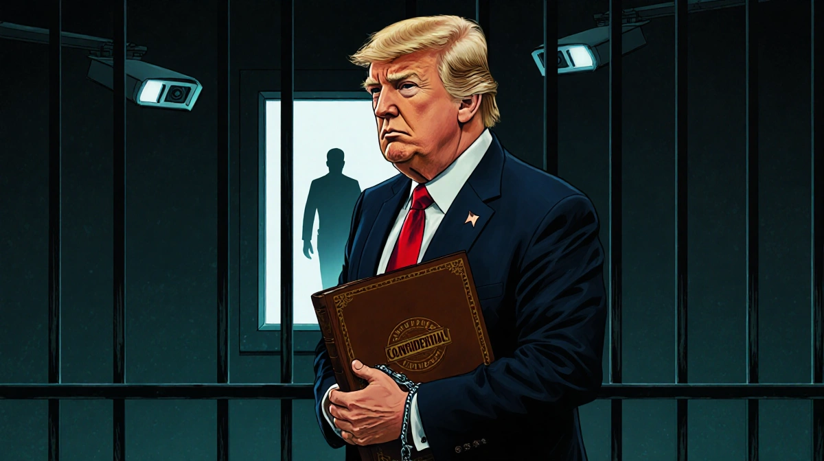 Donald Trump stands in prison cell with leather book and handcuffs while authorities lead figure away