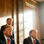 Two Republican senators sitting with President Trump behind them showing tense expressions and flag with tear