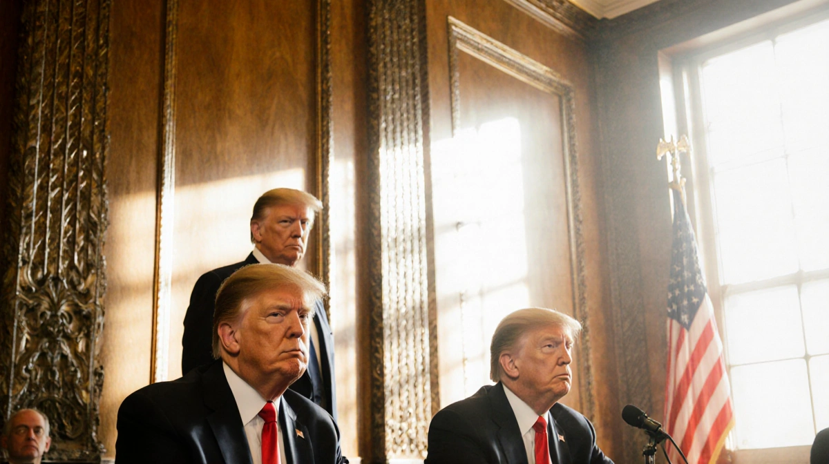 Two Republican senators sitting with President Trump behind them showing tense expressions and flag with tear