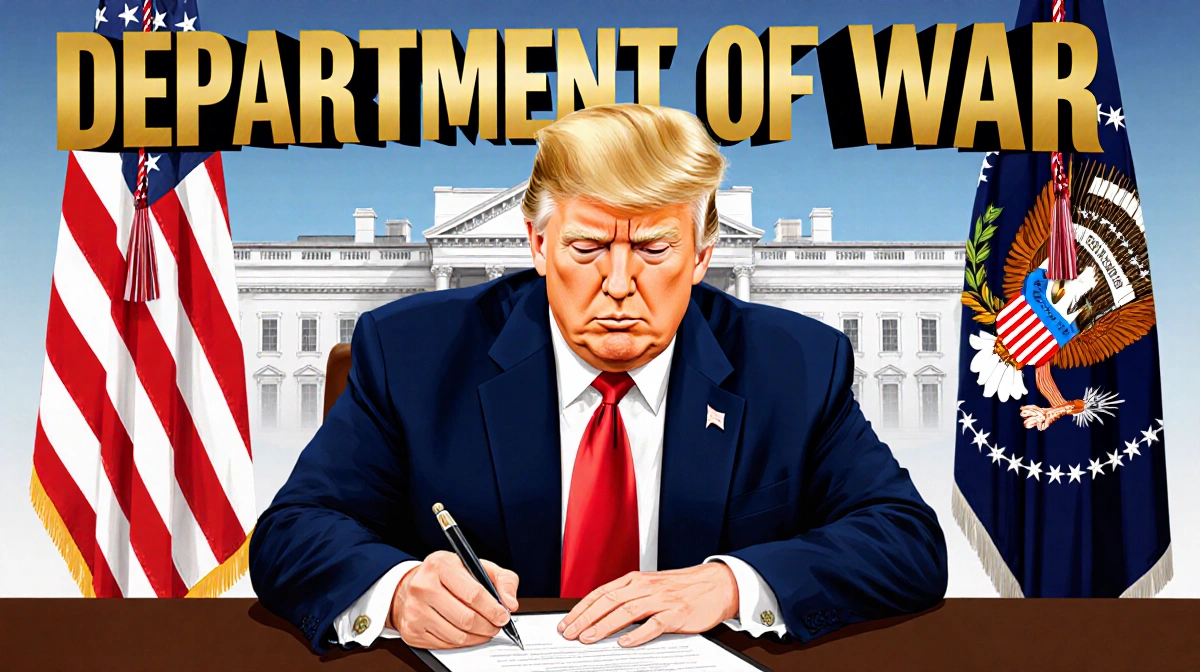 Donald Trump signing document with pen under Department of War title with American flags and military building in background
