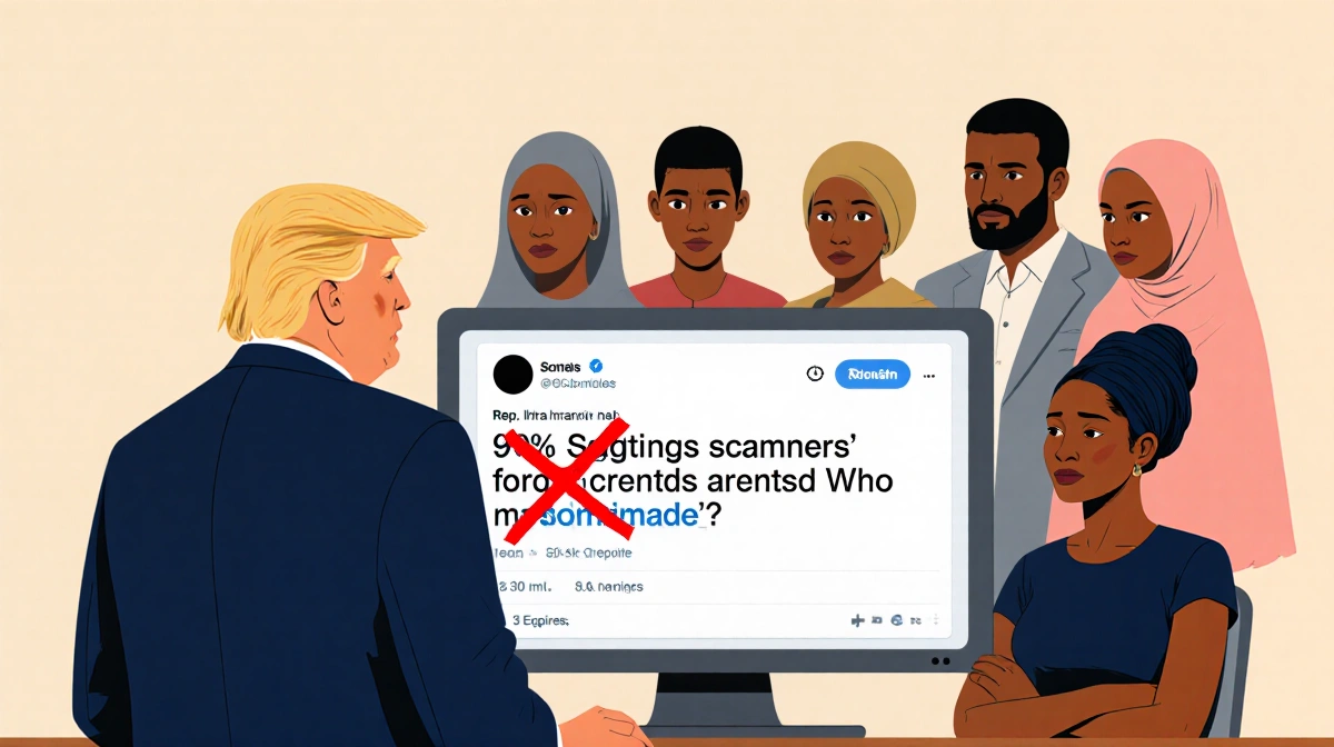 Donald Trump stands before a computer screen showing a post with 90% scammers and red X and Somali immigrants look concerned