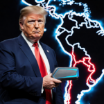 President Donald Trump stands before a South America map with a glowing blue high‑tech device and an urgent, determined expre