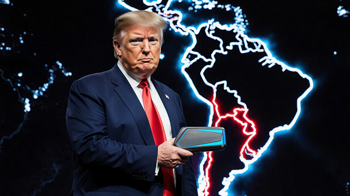 President Donald Trump stands before a South America map with a glowing blue high‑tech device and an urgent, determined expre
