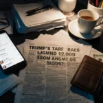 Printout of Trump tariff headline sits on cluttered desk with smartphone and wallet nearby