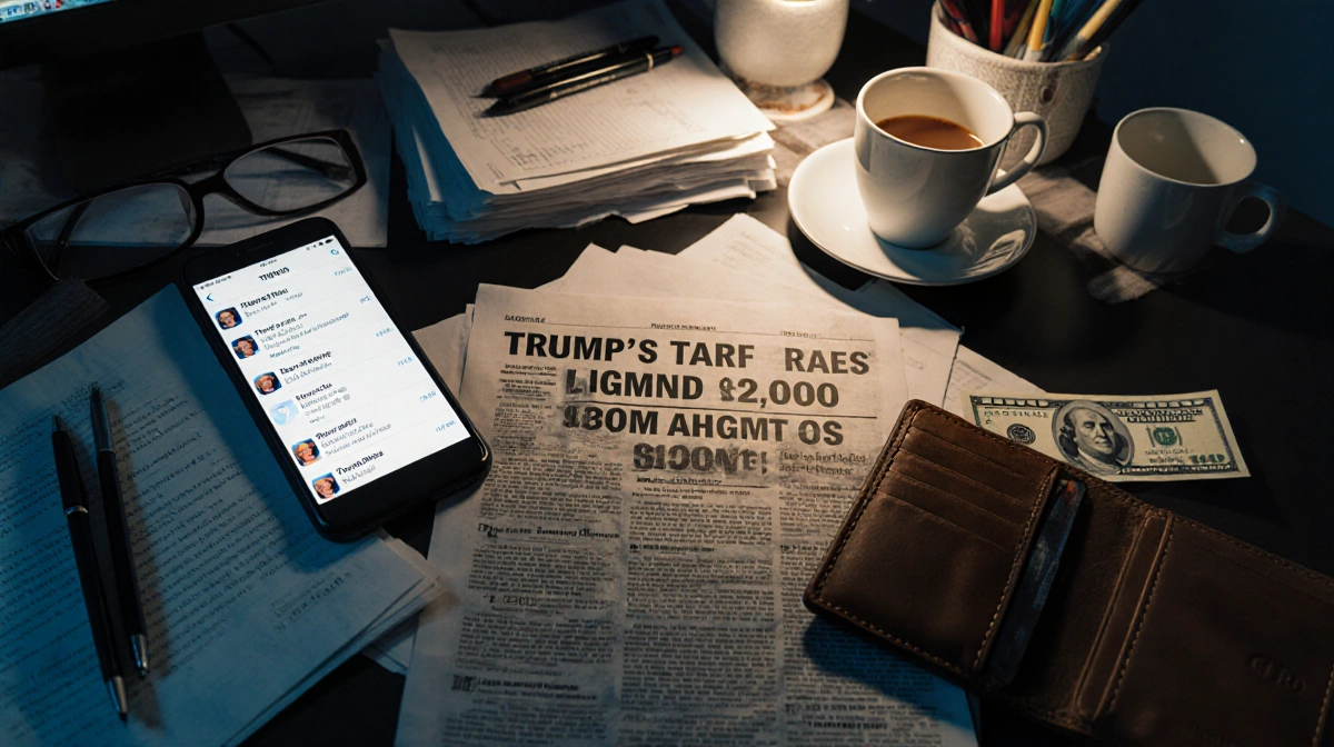 Printout of Trump tariff headline sits on cluttered desk with smartphone and wallet nearby