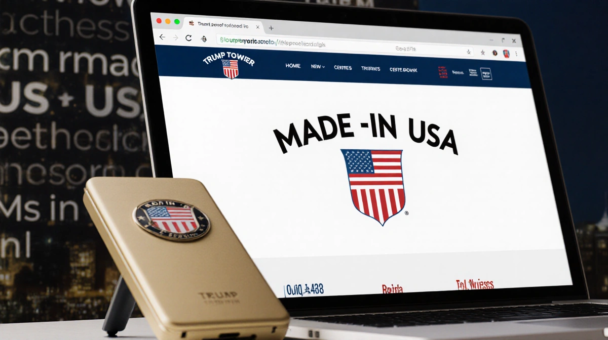 Trump Tower homepage shows Made in USA claim with gold T1 phone displaying American flag and faded American-proud design behi
