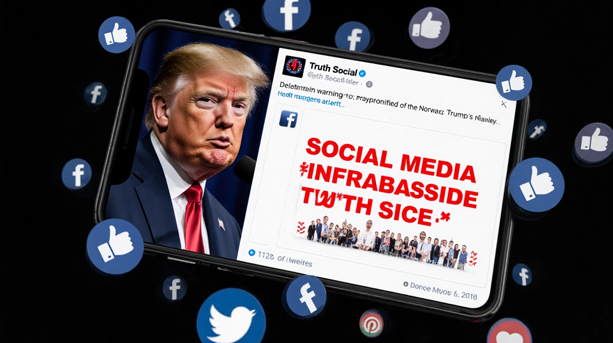 Trump's phone shows Truth Social warning with red alert text and social media icons surrounding the screen