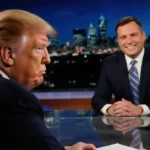 Donald Trump looking uncomfortable at news desk with Tony Dokoupil and city skyline behind