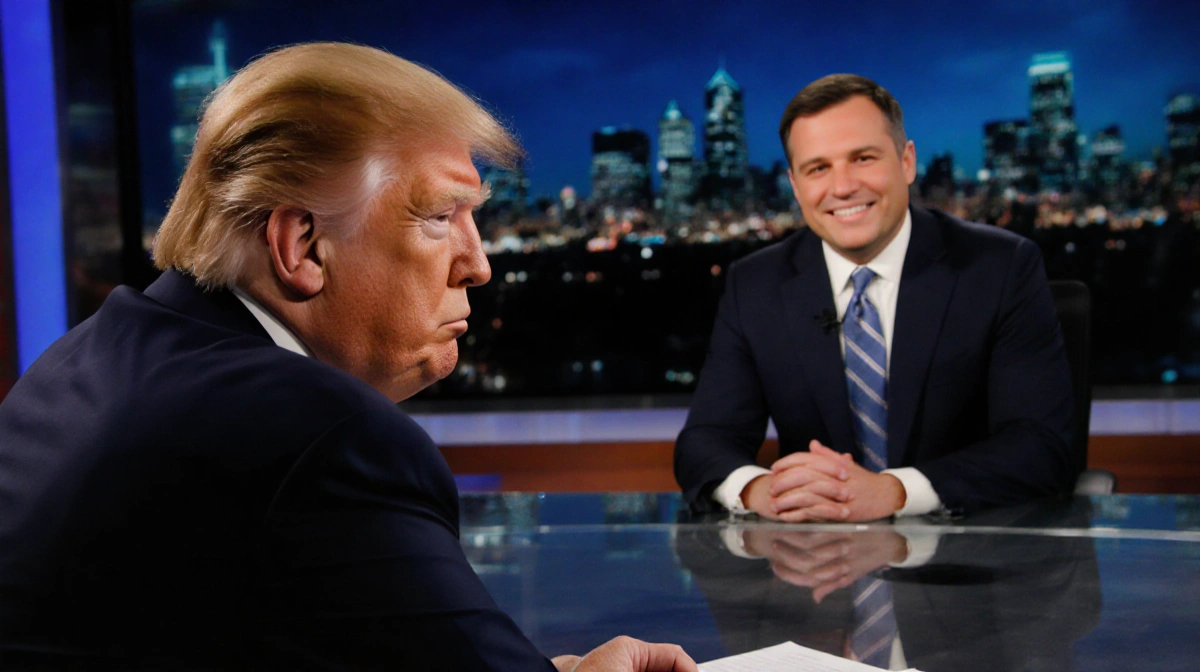 Donald Trump looking uncomfortable at news desk with Tony Dokoupil and city skyline behind