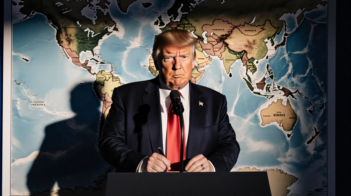 Donald Trump standing at podium clutching pen with harsh lighting and torn South America map showing Venezuela
