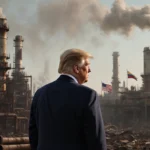 President Trump stands in front of a rusted oil refinery with smokestacks and a faded Venezuelan flag behind him