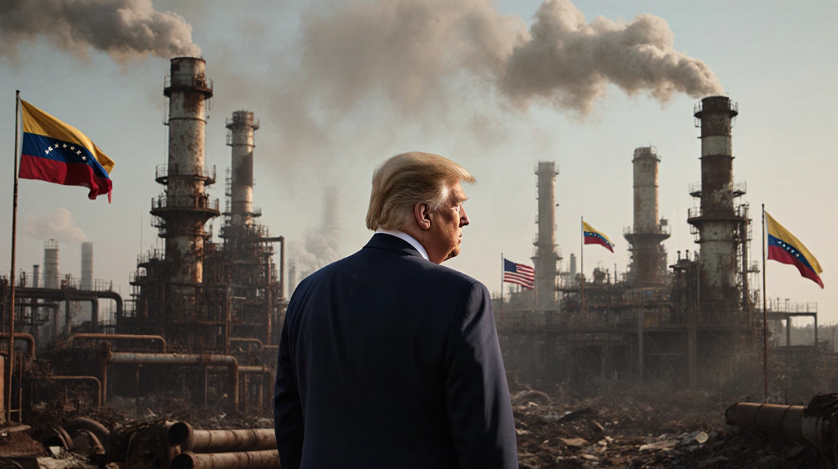 President Trump stands in front of a rusted oil refinery with smokestacks and a faded Venezuelan flag behind him