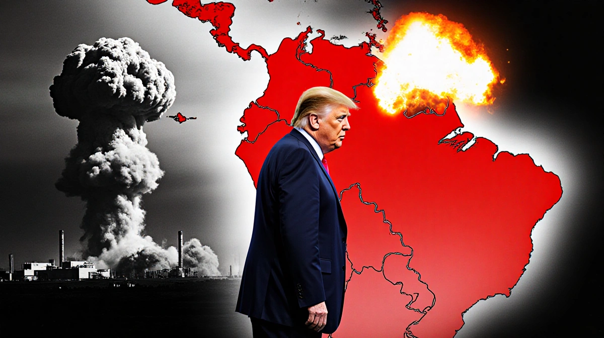 President Trump standing before map of South America with Venezuela highlighted in red a bomb exploding center flames