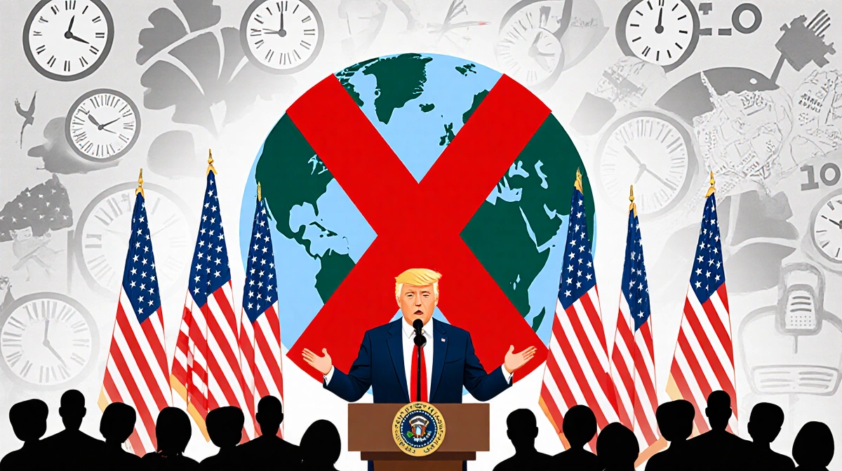 Trump speaking to Venezuelan crowd with microphone and red X globe behind American flags