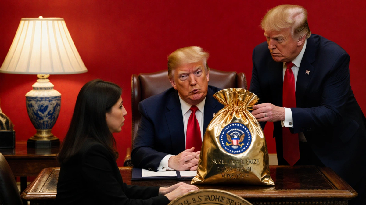 Trump accepting gift bag behind desk with Nobel Prize and opposition leader showing shock