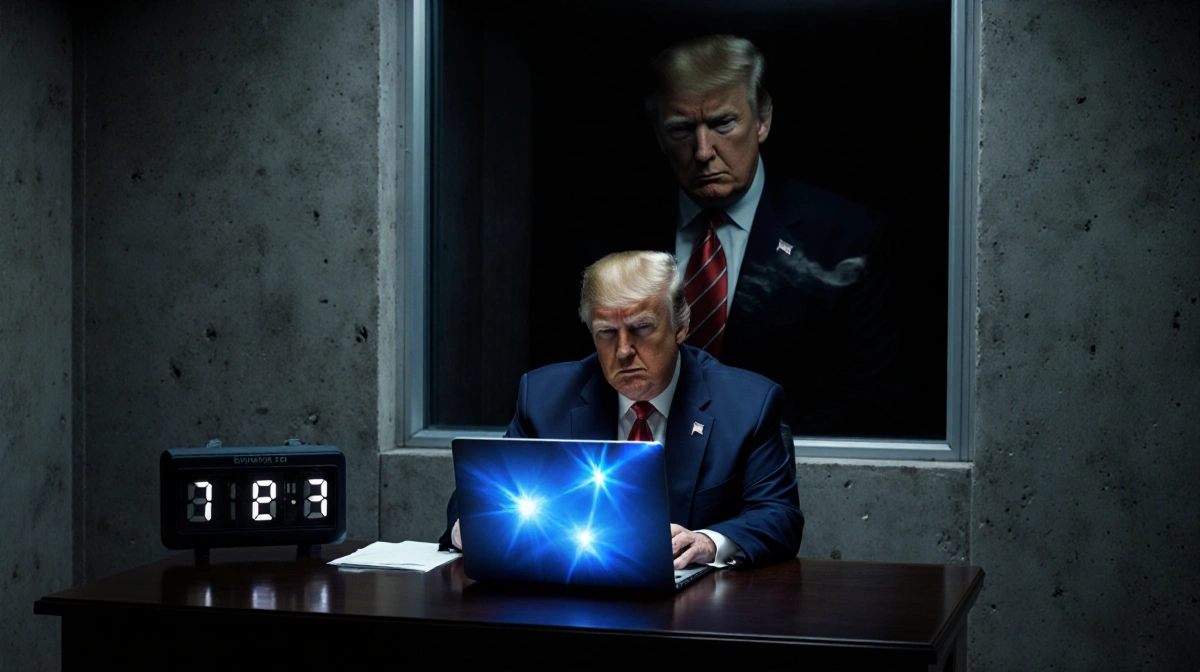 Trump sits alone at desk with flickering laptop and countdown clock ticking on concrete wall