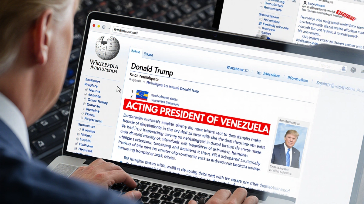 Donald Trump's Wikipedia page shows altered title with Venezuela text highlighted in red on laptop screen
