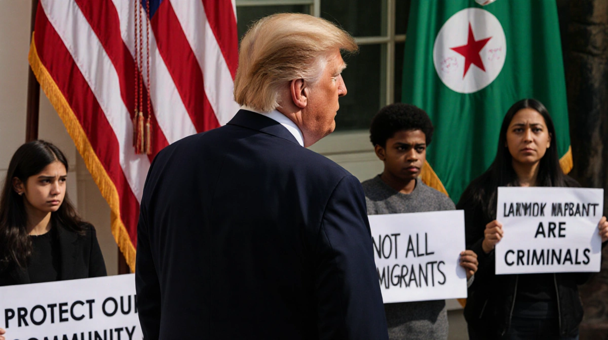President Donald Trump standing before American flag with Somali flag behind and residents holding signs about immigration