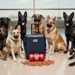 TSA dogs sniffing a mock explosive device with warm light and airport windows in background.