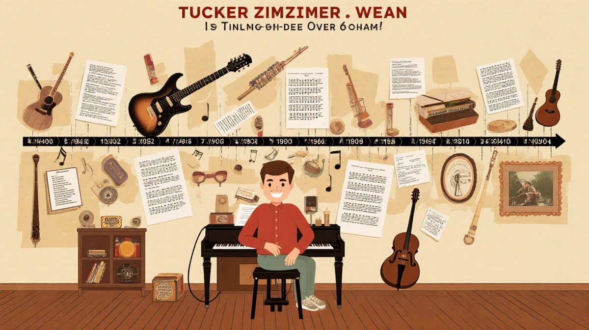Tucker Zimmerman plays piano in his home with song sheets and a flute beside him showing his songwriting timeline