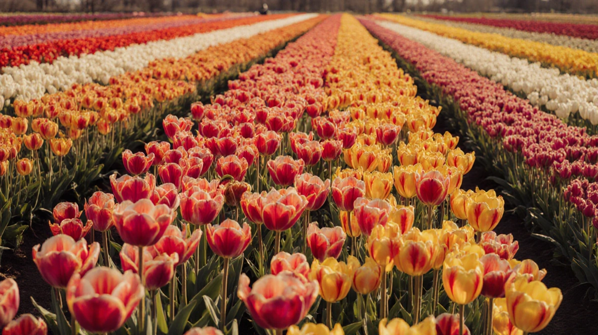 Vibrant tulip field blooms with colorful ribbons of flowers and gentle green foliage in warm sunlight