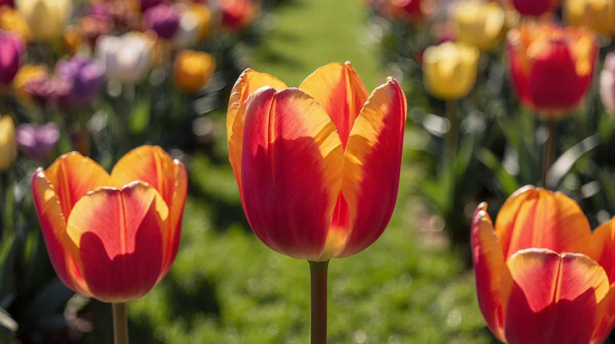 Bright orange-red tulip stands tall in blooming rainbow garden with dappled sunlight warming the lush grass