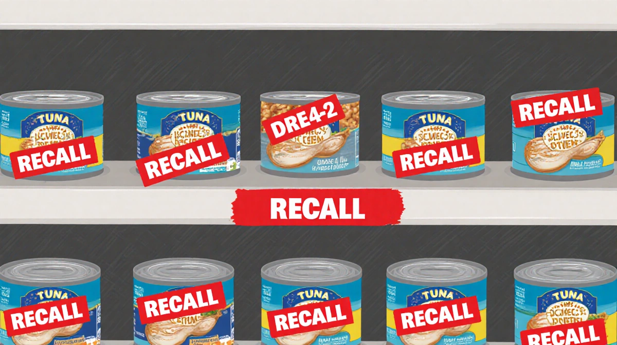 Canned tuna products on store shelf with red recall stickers on select cans and visible product labels