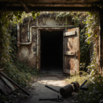 Wooden door ajar revealing dim concrete floor with vines and abandoned tools in foreground