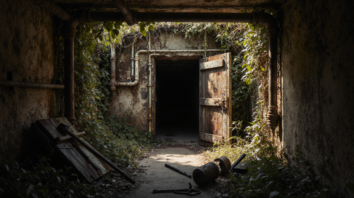 Wooden door ajar revealing dim concrete floor with vines and abandoned tools in foreground