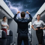 Young man standing at open plane door with arms raised while flight attendants confront him during turbulent flight