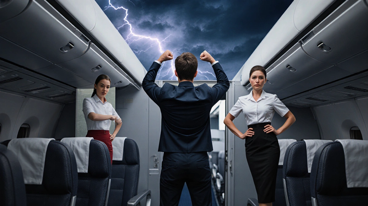 Young man standing at open plane door with arms raised while flight attendants confront him during turbulent flight