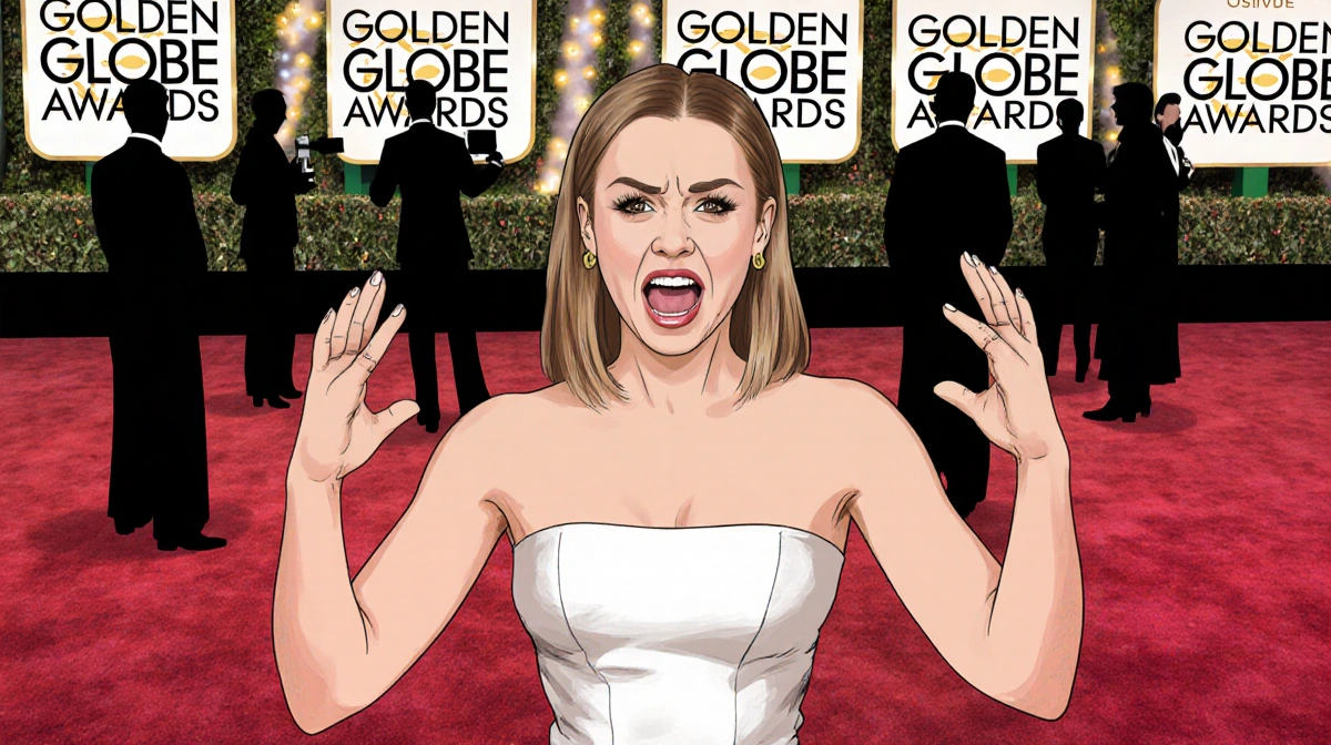 Turner gesturing with playful expression at Golden Globes red carpet with blurred crowd behind