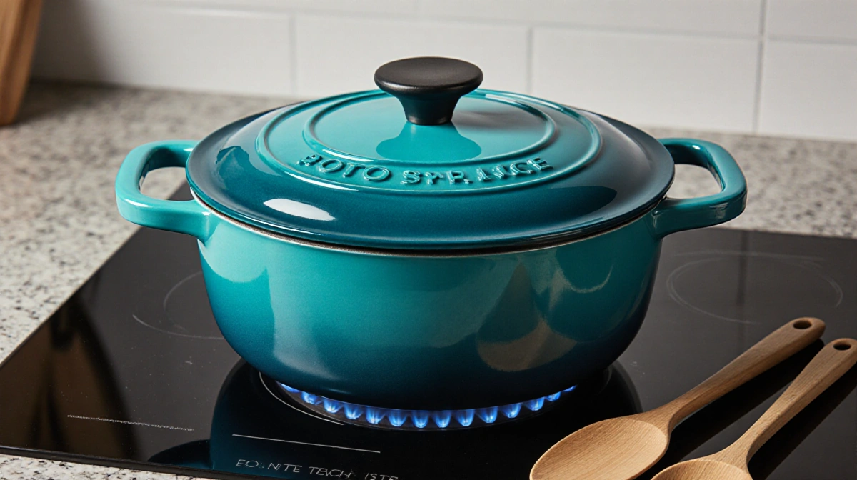 Turquoise Dutch oven simmering on stovetop with wooden spoon and spatula nearby showing cooking warmth