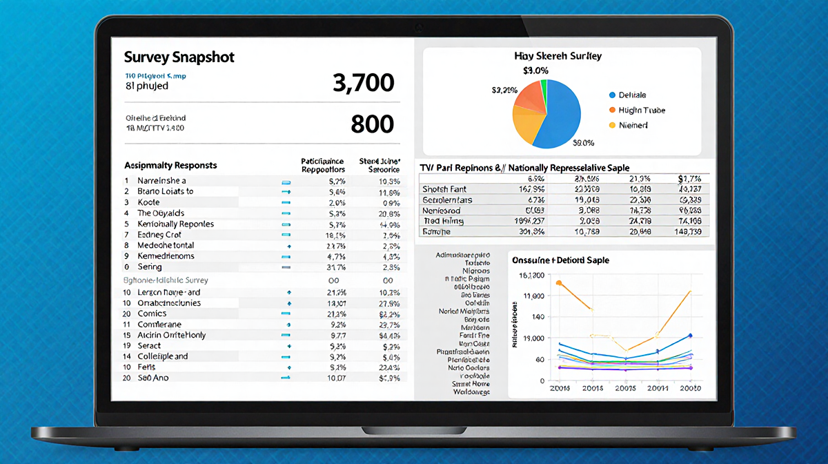 Computer screen showing TV buying survey data split into brand loyalists and national sample with demographic charts.