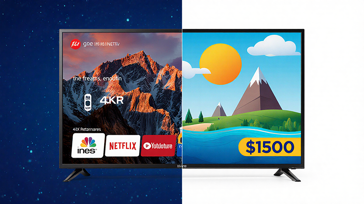 TVs split-screen show a high-end 4K HDR TV and a budget-friendly TV under $500 with price tags and brand logos.