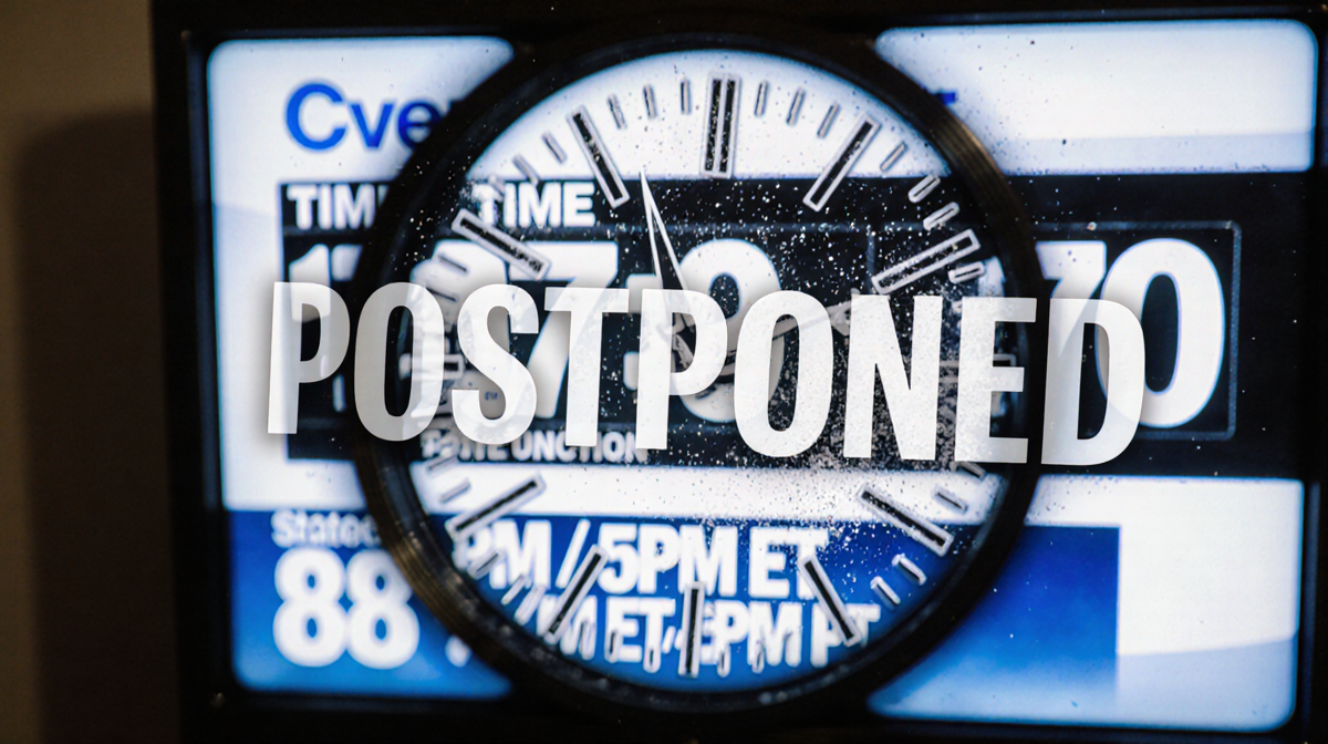 TV screen displays a 7:59 PM ET countdown clock overlaid with POSTPONED on a blurred background.