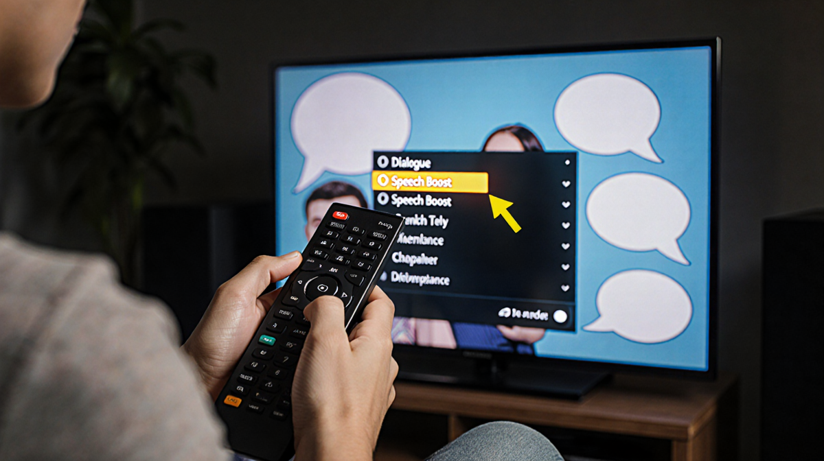 Person holds remote and selects Enhance Dialog in TV audio menu with yellow highlight while blurred dialogue show plays behin