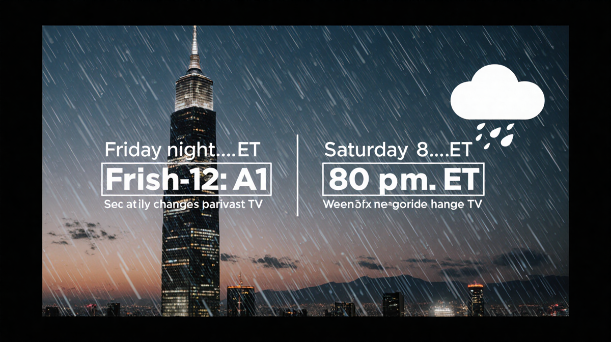 Digital screen shows TV schedule with Friday night ET and Saturday 8 p.m. ET with Taipei 101 and raindrops hinting delay