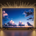 TV screen shows deep blue dusk sky with white clouds and neon dots radiating warm glow