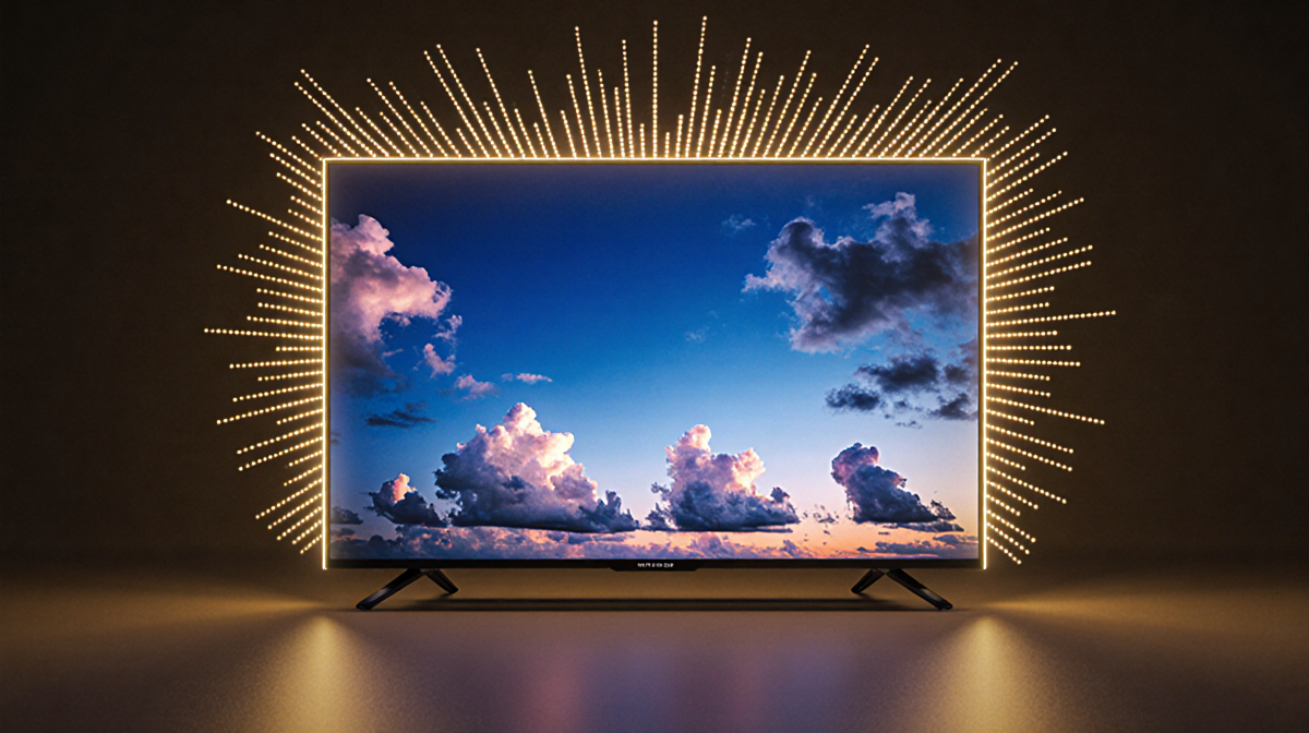 TV screen shows deep blue dusk sky with white clouds and neon dots radiating warm glow