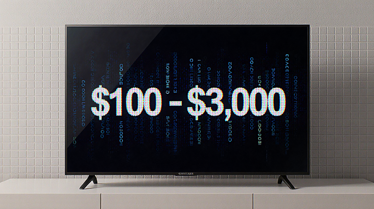 TV screen showing price range from $100 to $2,000 with 4K pixel detail and subtle background texture.