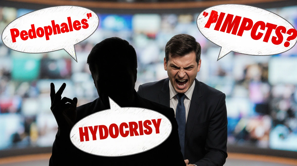 Angry broadcaster gestures on air with speech bubbles showing 