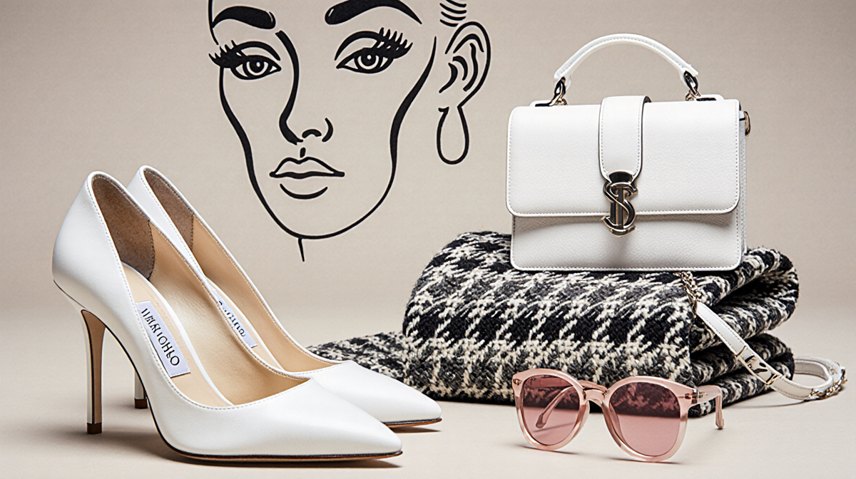 Tweed set displayed on neutral backdrop with white Jimmy Choo pumps and rose-tinted sunglasses and a white Schiaparelli bag.