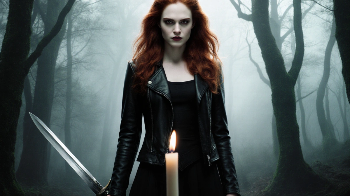 Victoria from Twilight stands with sword and leather jacket near flickering candle with red hair flowing