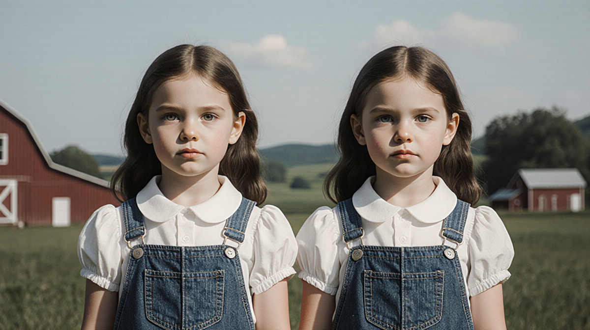 Two twin sisters standing side by side with one larger and overalls and farm background and somber expressions reflect bullyi