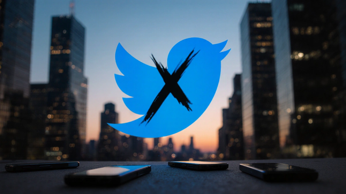Blurred Twitter X logo looms over city skyline at dawn with abandoned phones scattered on empty sidewalk