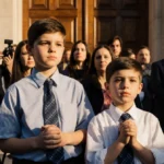 Two young brothers stand hand in hand outside courthouse with reporters and parents behind