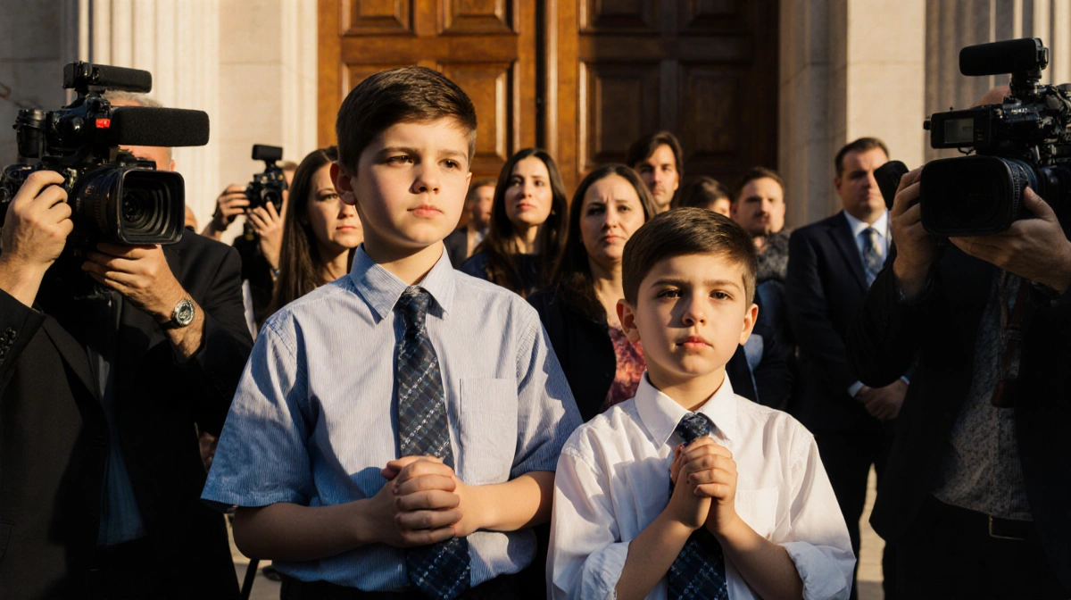 Two young brothers stand hand in hand outside courthouse with reporters and parents behind