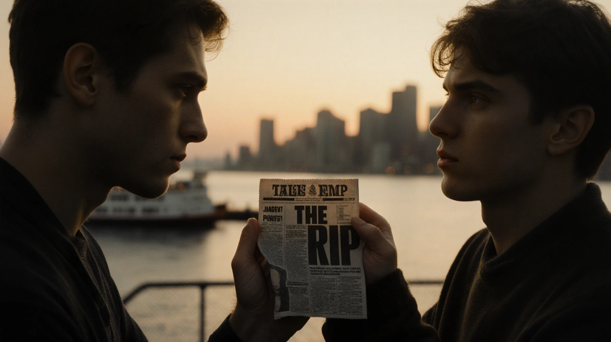 Two young men clasp hands with newspaper showing The Rip headline and city ferry pier behind